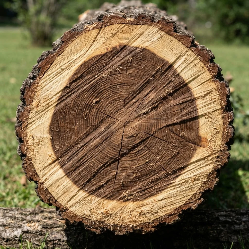 Growth rings in a cut hardwood trunk, Mississippi County, Arkansas