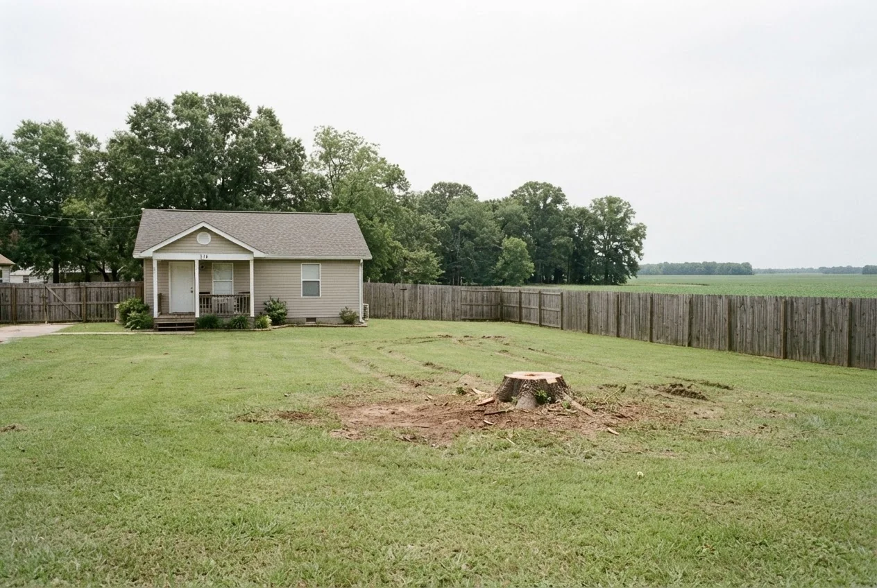 Yard raked clean after a removal in Osceola, Arkansas